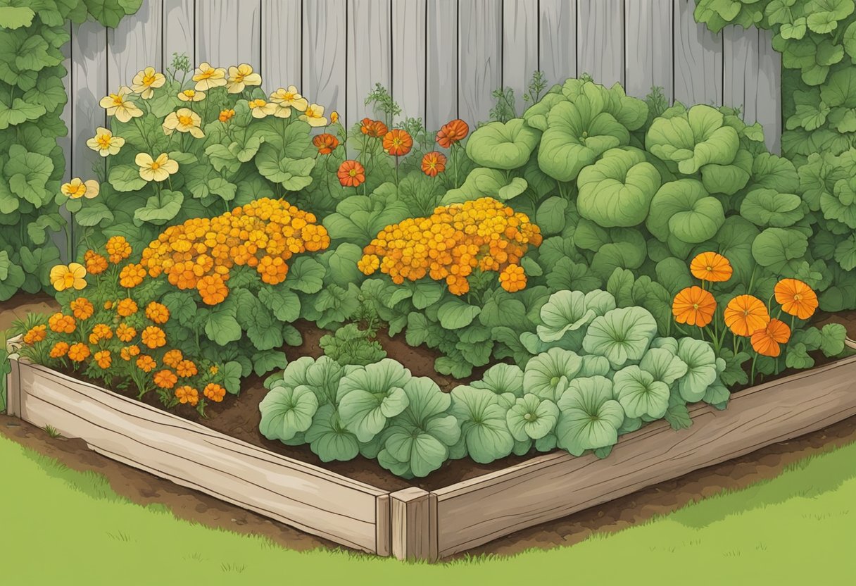 A garden bed with kohlrabi surrounded by marigolds, dill, and nasturtiums. Avoid planting near strawberries, tomatoes, and pole beans