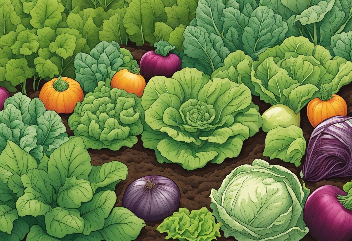 A garden bed with kohlrabi surrounded by compatible plants like lettuce, spinach, and beets. Each plant is thriving and complementing the growth of the others