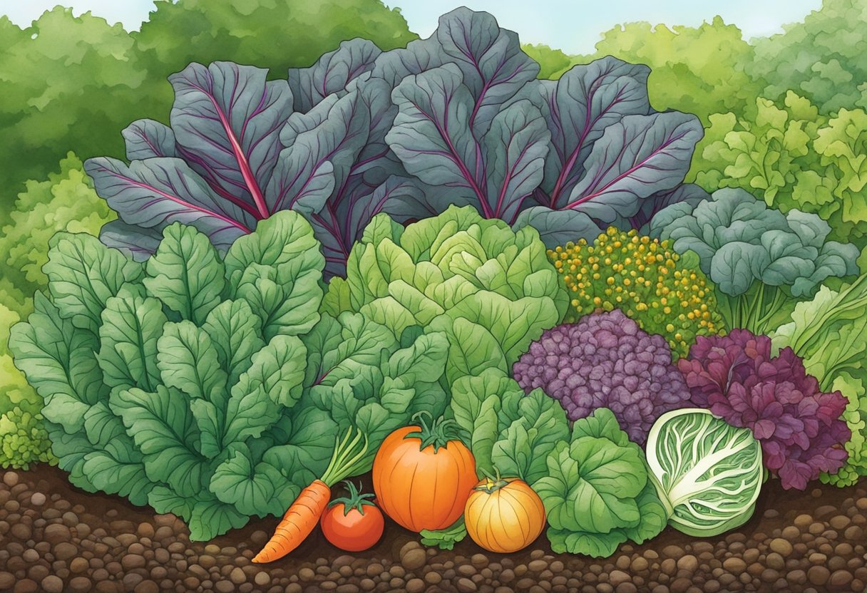 Swiss chard surrounded by companion plants like tomatoes, carrots, and onions, creating a diverse and harmonious garden bed