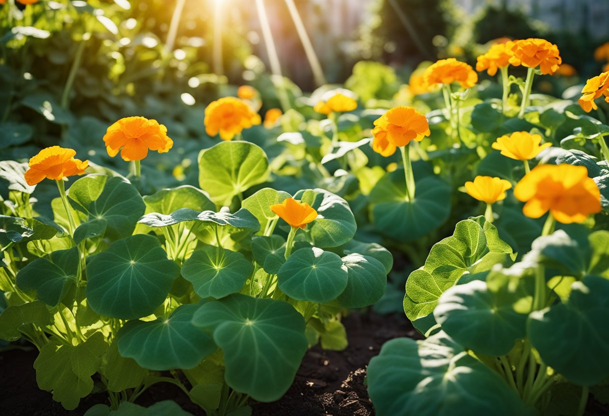 Squash plant surrounded by marigolds, nasturtiums, and radishes in a garden bed. Sunlight filters through the leaves, creating a vibrant and harmonious scene