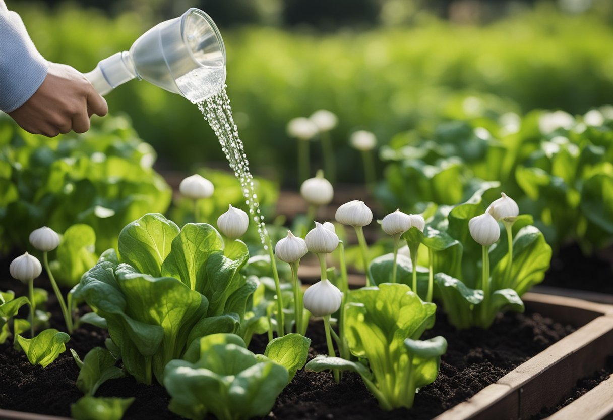 Garlic being watered in a garden bed with nearby companion plants such as lettuce, spinach, or strawberries
