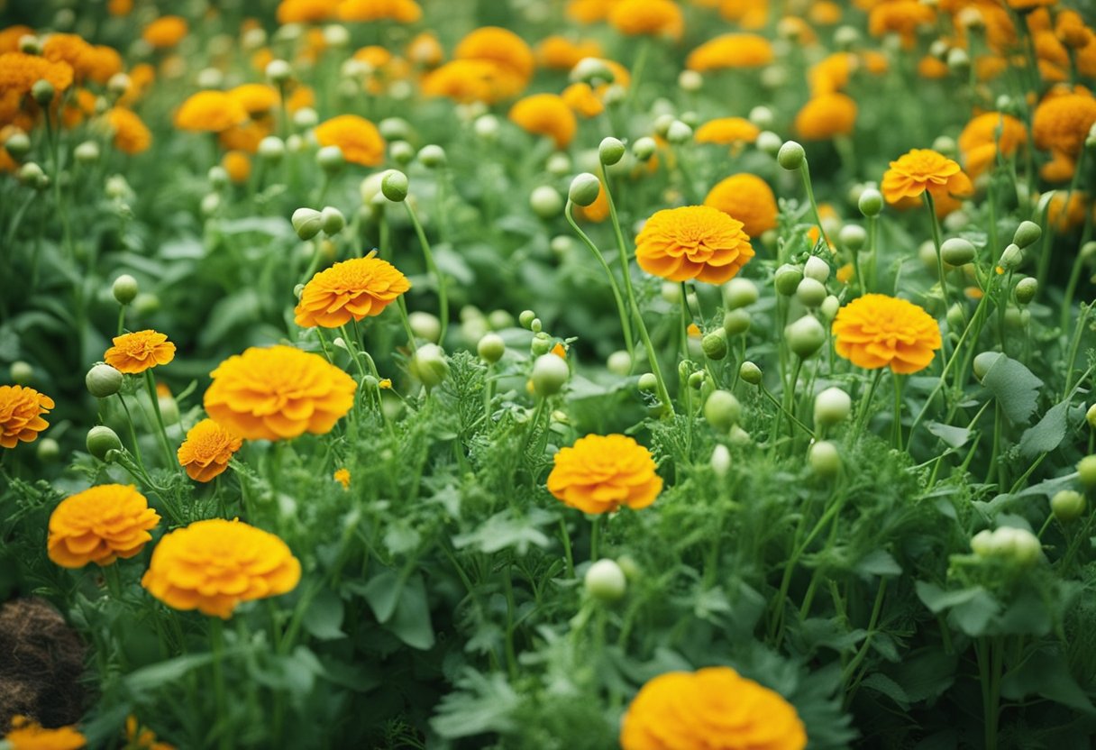 Peas surrounded by marigolds, garlic, and onions. Avoid planting near chives, shallots, and potatoes