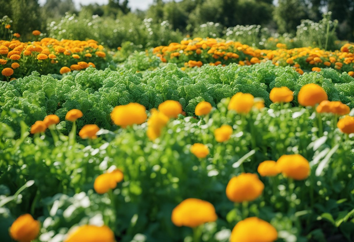 Peas surrounded by marigolds, carrots, and radishes. Each plant supports the growth of the others, creating a vibrant and harmonious garden bed