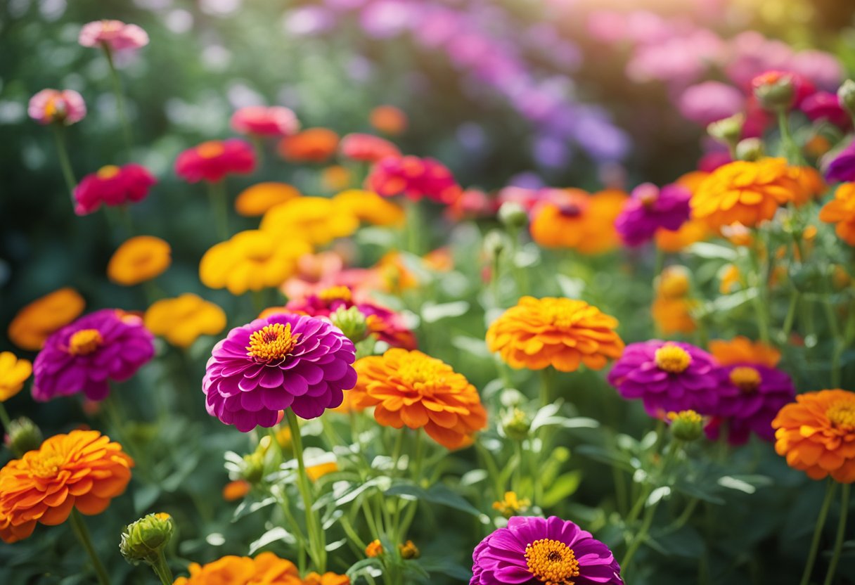 Zinnias stand tall among marigolds and cosmos, their vibrant colors creating a harmonious display in a sunlit garden bed