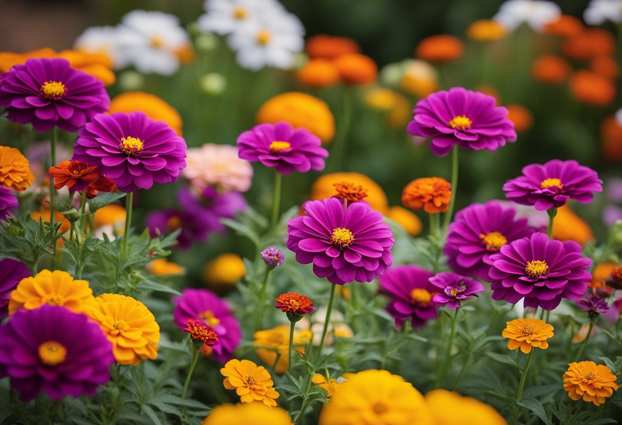 Zinnias thrive next to marigolds and cosmos. Avoid planting near potatoes or beans. Use well-drained soil and full sun for best results