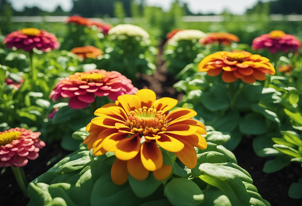 Lush zinnia flowers bloom alongside vibrant green vegetables, their roots intertwining in nutrient-rich soil while water trickles from a nearby hose