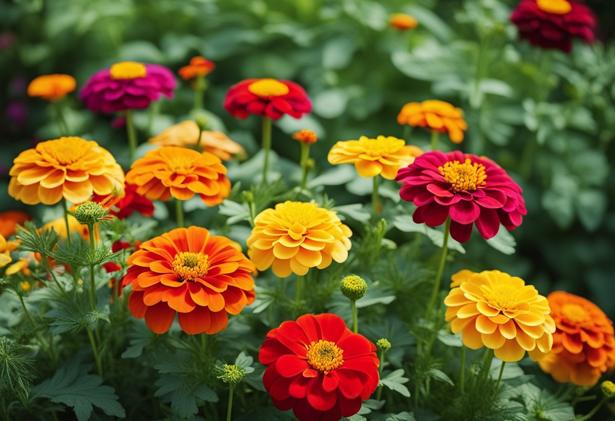 Bright zinnias surrounded by marigolds, nasturtiums, and dill. Avoid planting near potatoes, petunias, or fennel