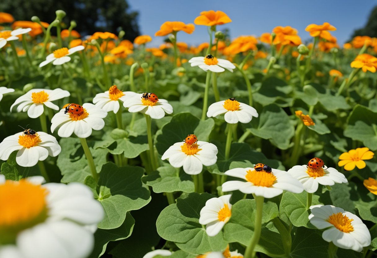 Squash plants surrounded by marigolds and nasturtiums, with ladybugs and bees nearby. No visible pests on squash leaves