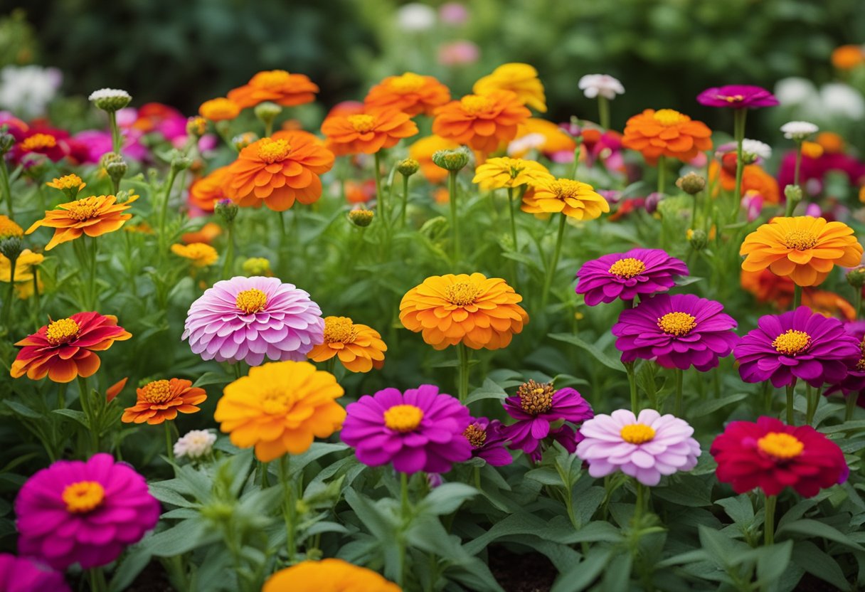 A garden bed with colorful zinnia varieties surrounded by companion plants like marigolds and cosmos, creating a vibrant and diverse floral display