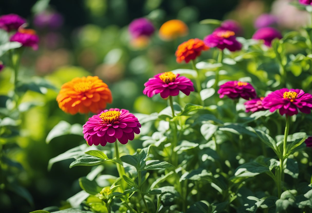 A vibrant zinnia blooms next to a tomato plant, attracting pollinators and repelling pests in a well-tended garden bed