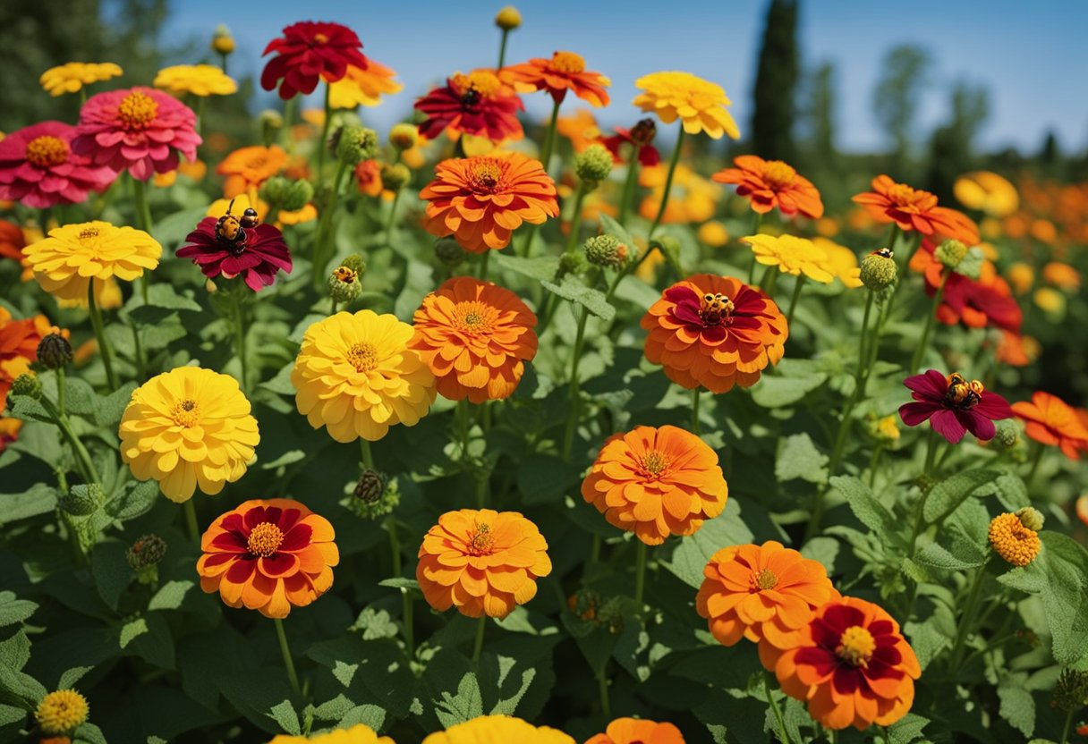 Zinnias stand tall in a garden, surrounded by marigolds and nasturtiums. Aphids and beetles are repelled by the fragrant blooms, while ladybugs and bees buzz around, keeping the garden healthy