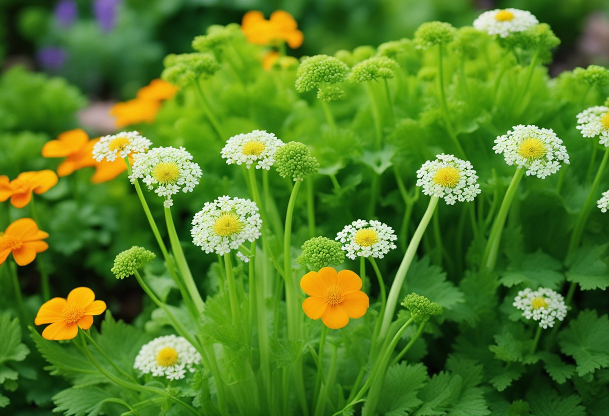 Healthy celery surrounded by vibrant companion plants: dill, chamomile, and nasturtium. A balanced mix of green foliage and colorful flowers creates a visually appealing and beneficial garden scene