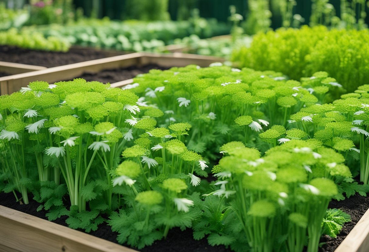 A garden bed with celery surrounded by companion plants like dill, leeks, and onions. Ladybugs and lacewings are present, controlling pests