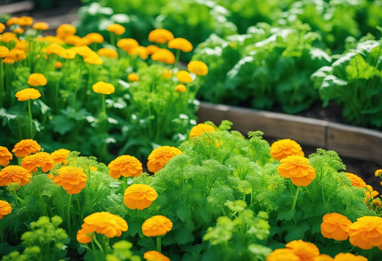 Lush green celery surrounded by marigolds, nasturtiums, and dill. Avoid planting cabbage, tomatoes, and potatoes nearby