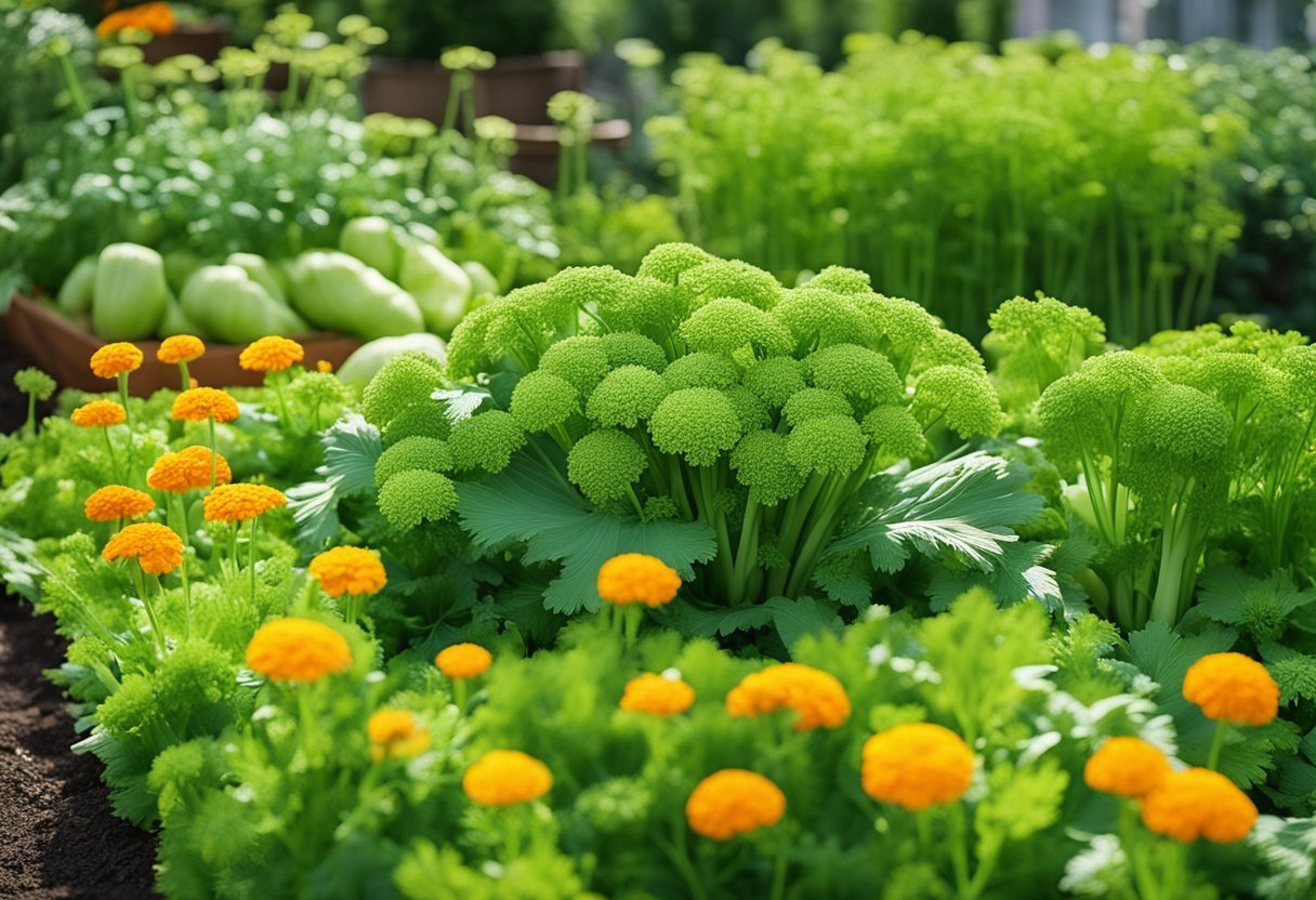 Celery surrounded by dill, leeks, and onions in a garden bed, with marigolds and nasturtiums at the edges for pest control