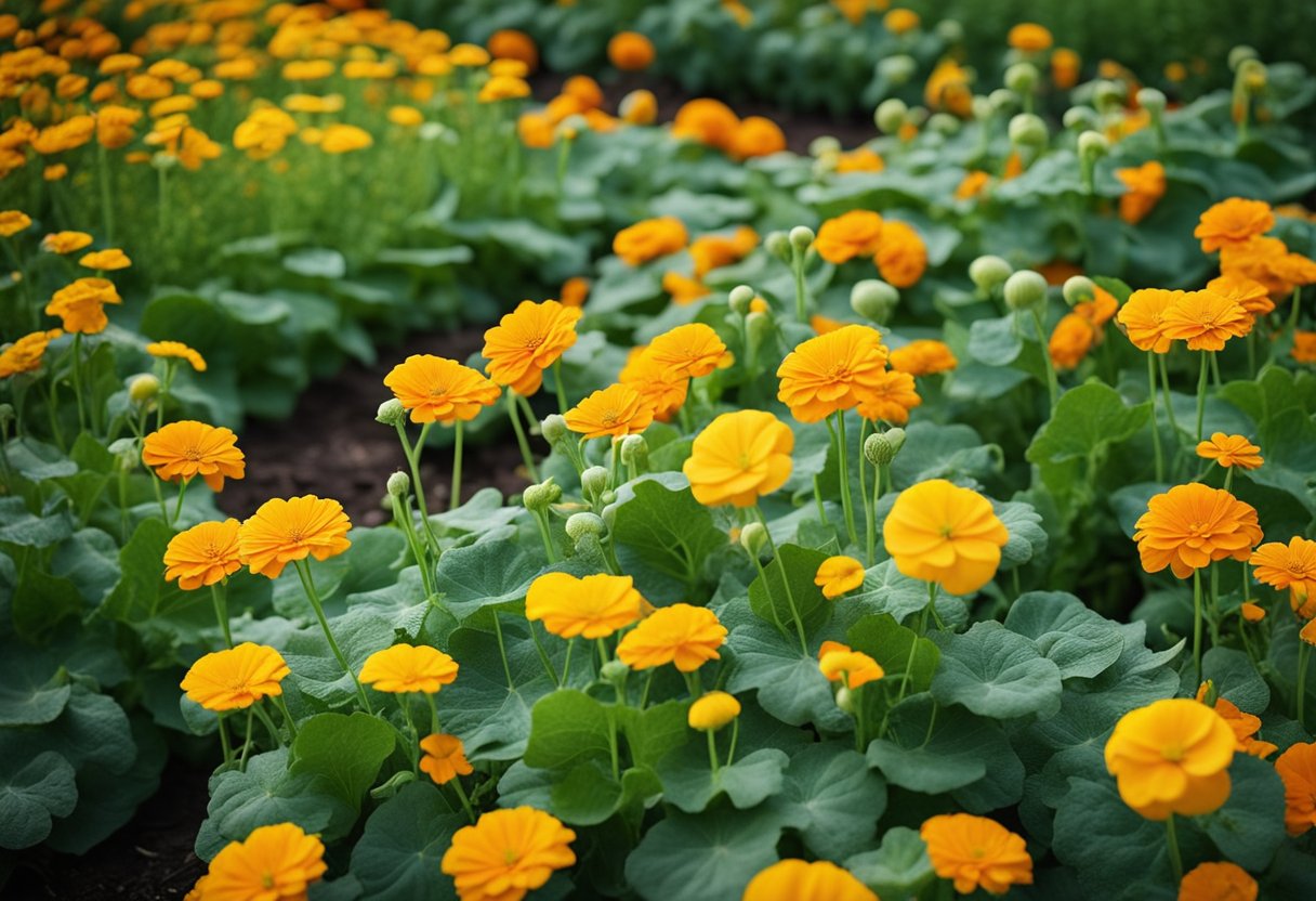 Healthy squash surrounded by marigolds, nasturtiums, and radishes. Avoid planting potatoes, fennel, and cucumbers nearby