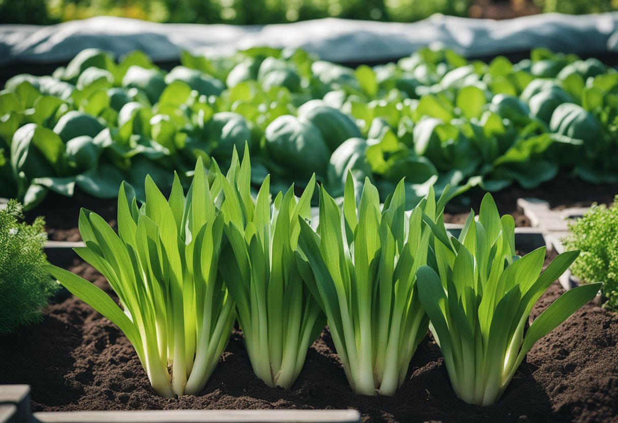 Leeks surrounded by carrots, onions, and spinach in a garden bed