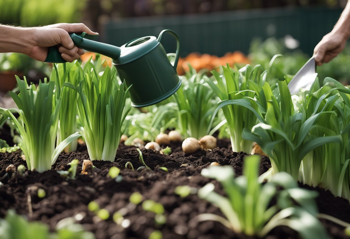 Leeks surrounded by carrots, onions, and garlic in a garden bed. Mulch and compost are spread around the plants. A gardener waters the plants with a watering can