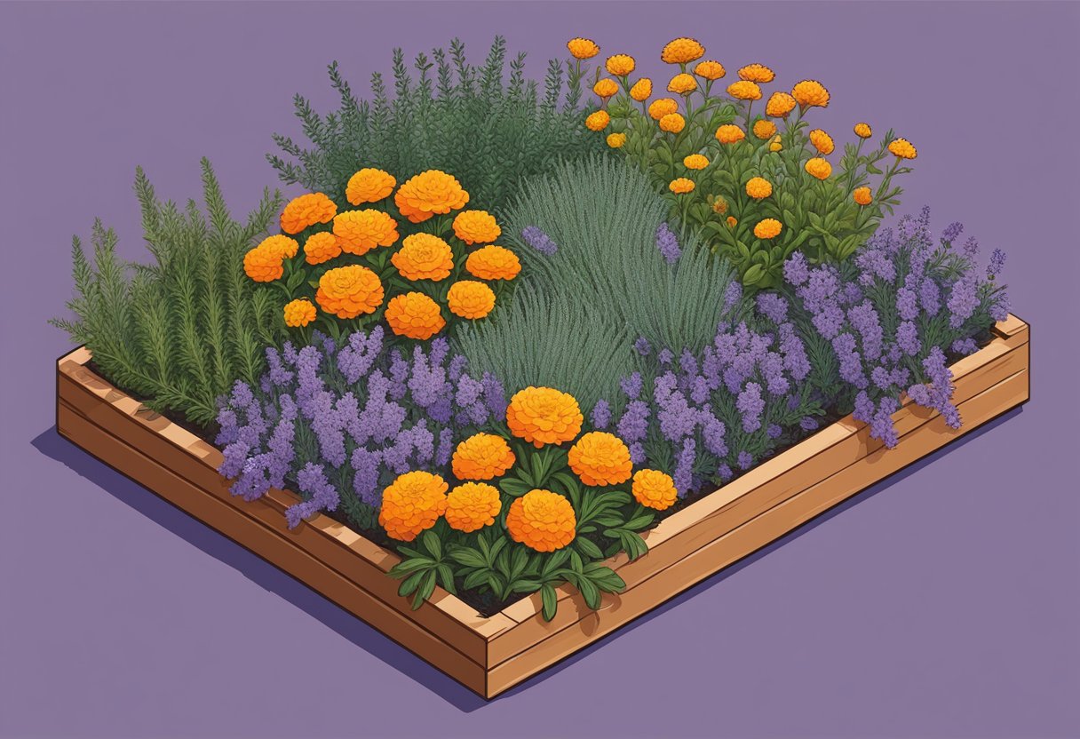 Lush thyme plants surrounded by vibrant marigolds, fragrant lavender, and sturdy rosemary. A mix of textures and colors creates a harmonious garden bed