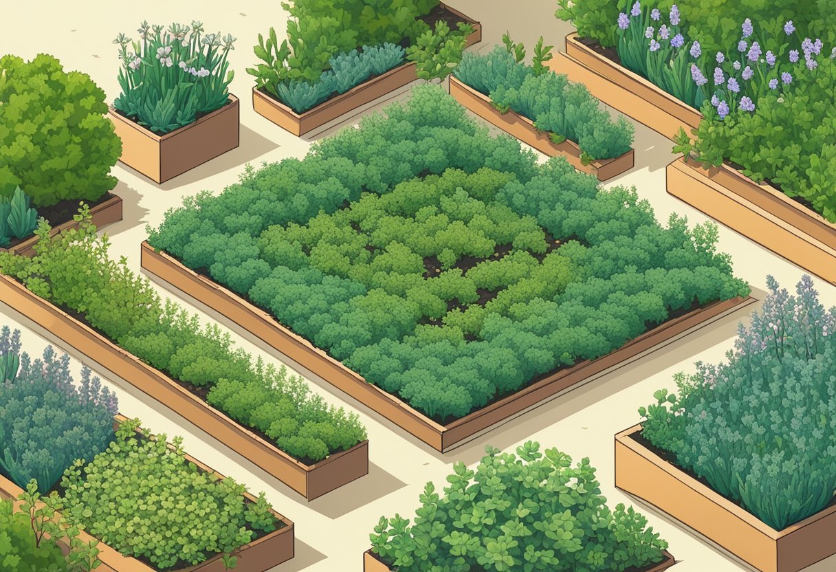 Thyme surrounded by companion plants in a garden layout
