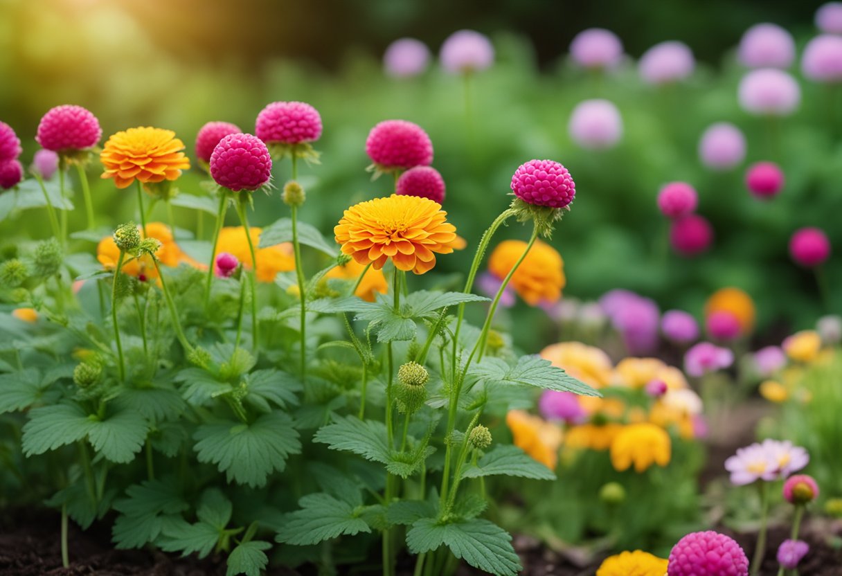 Vibrant raspberry plants thrive among marigolds and chives, creating a colorful and diverse garden bed