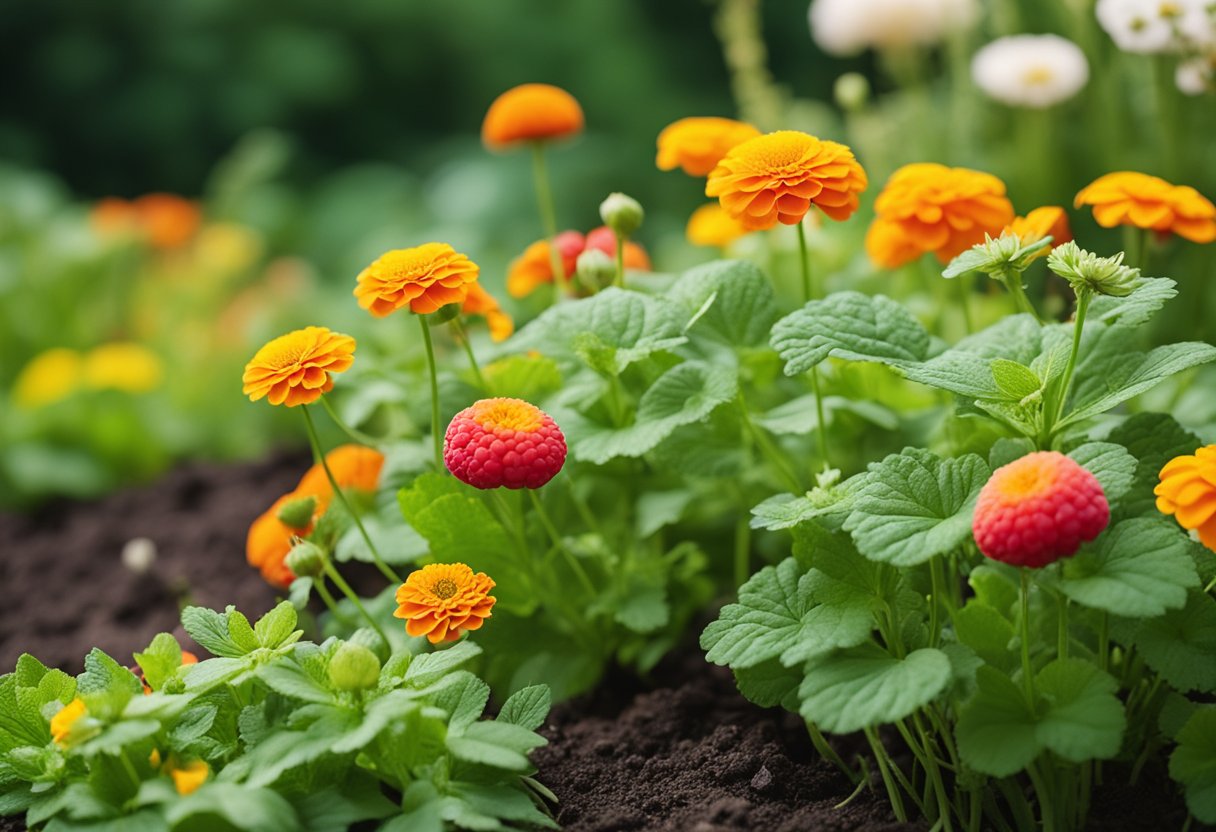 Raspberries grow alongside marigolds and nasturtiums in a lush garden bed, while nearby, garlic and chives thrive in the rich soil