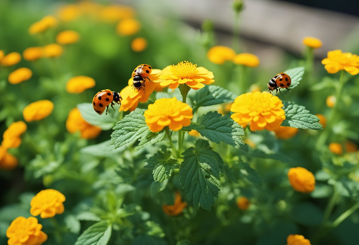 Raspberry plants surrounded by marigolds and thyme, with ladybugs and bees present, warding off pests and diseases