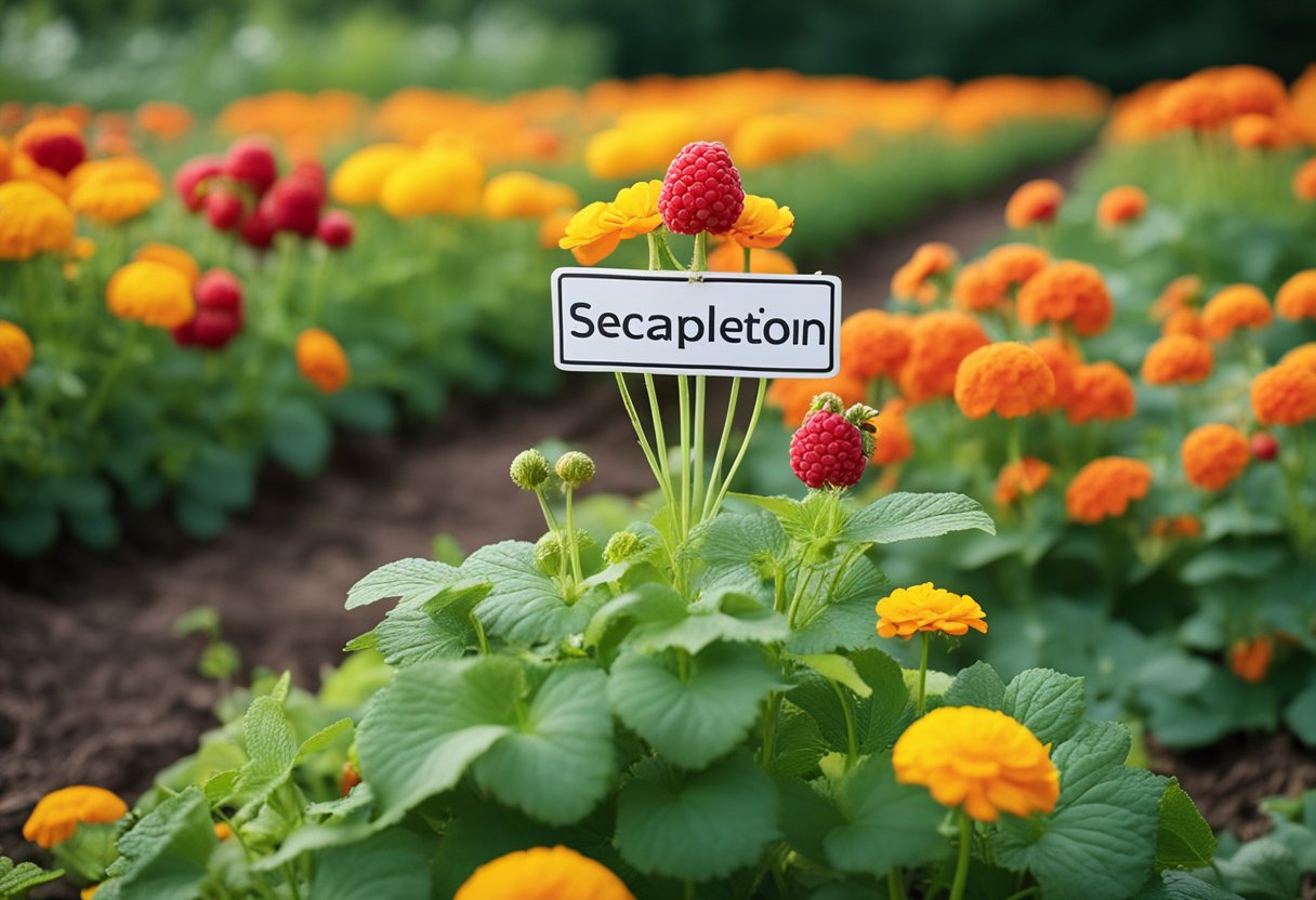 Raspberry plants surrounded by marigolds, nasturtiums, and garlic, with a sign indicating seasonal rotation