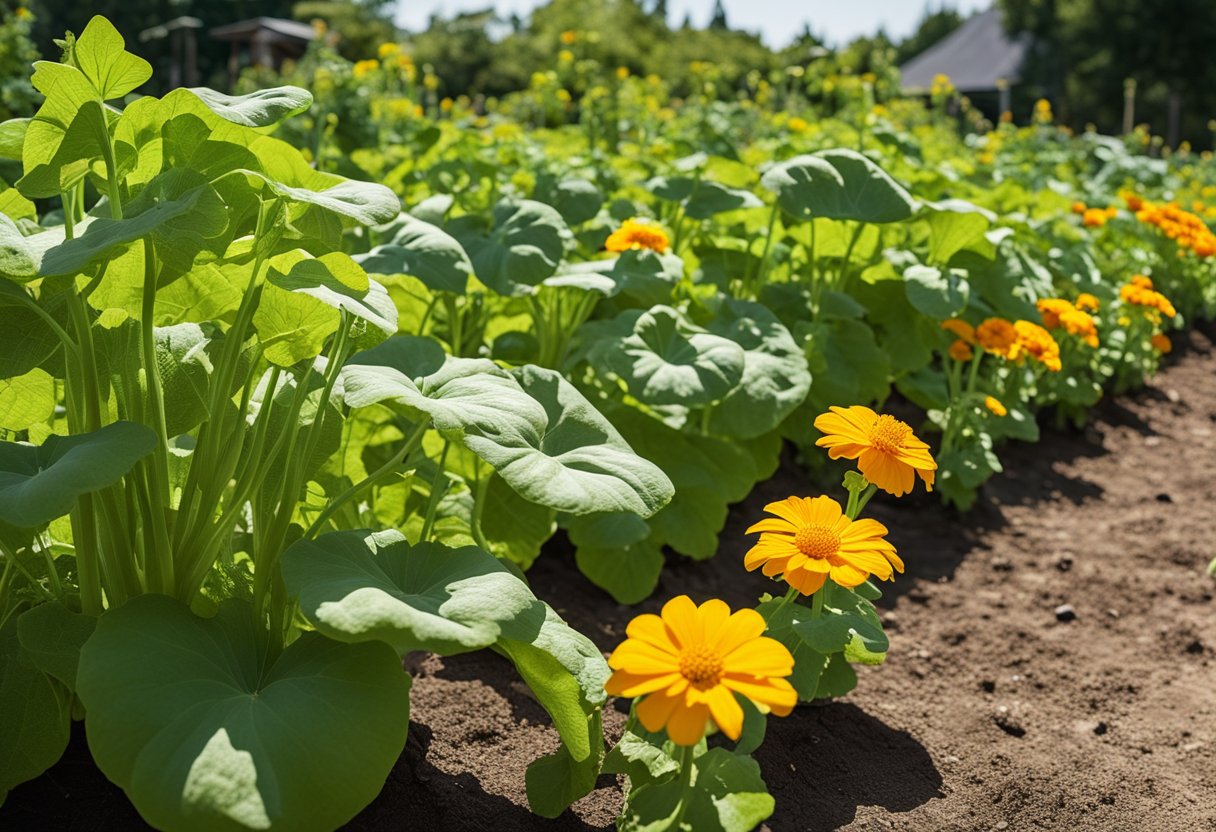 Squash plants are surrounded by marigolds, nasturtiums, and radishes in a garden bed. The tall sunflowers provide shade and support for the sprawling squash vines