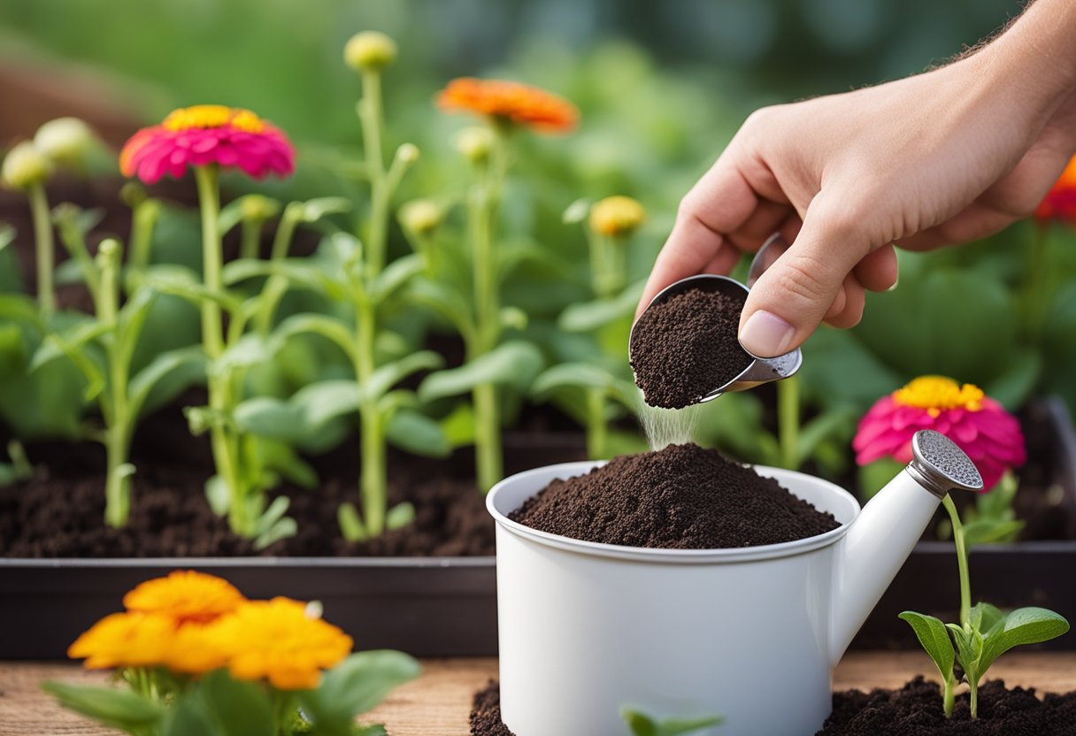A hand reaches for a packet of zinnia seeds, a trowel, and a watering can on a table next to a row of prepared soil in a garden