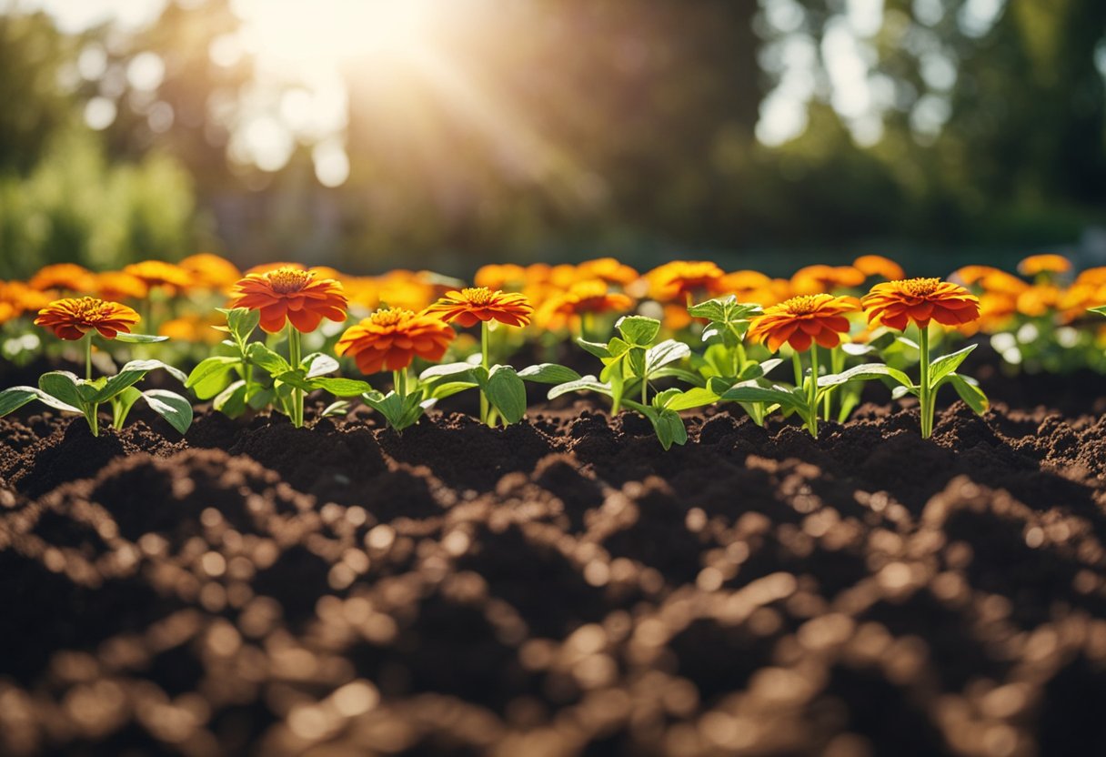 Bright sun shines on a garden bed with freshly tilled soil. A hand sprinkles zinnia seeds evenly across the earth, then lightly covers them with soil
