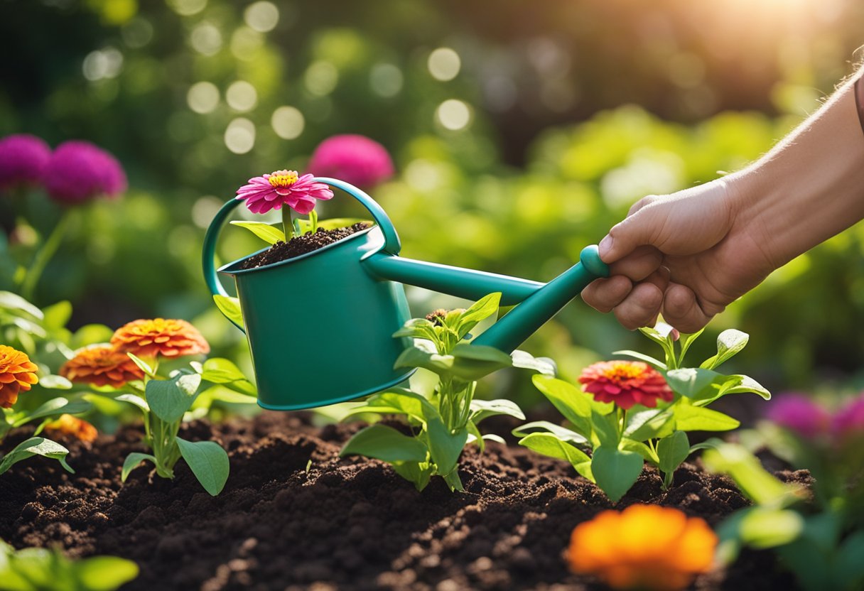 Watering can pours over freshly planted zinnia seeds in a garden bed. Sunlight filters through the leaves as a gardener checks the soil moisture