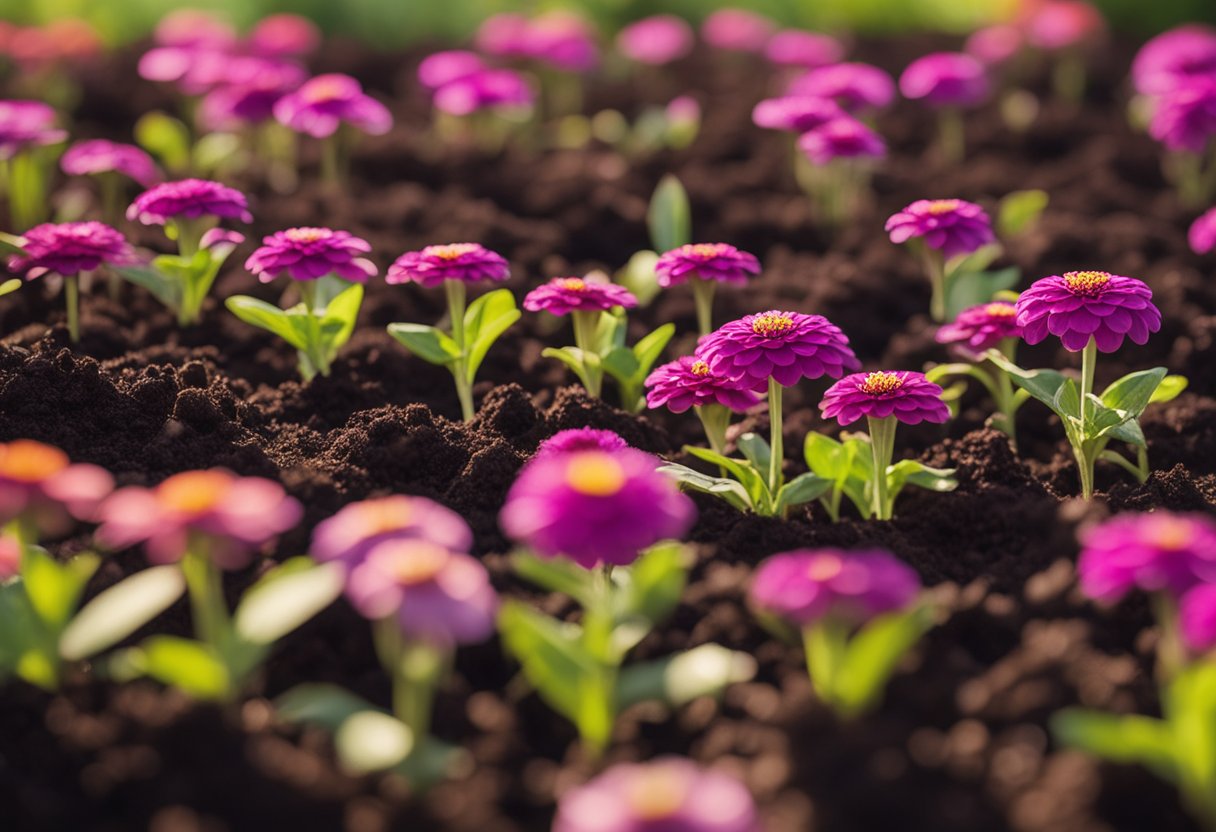 Zinnia seeds are gently placed in rich soil, watered, and bathed in sunlight as they await their time to sprout and bloom