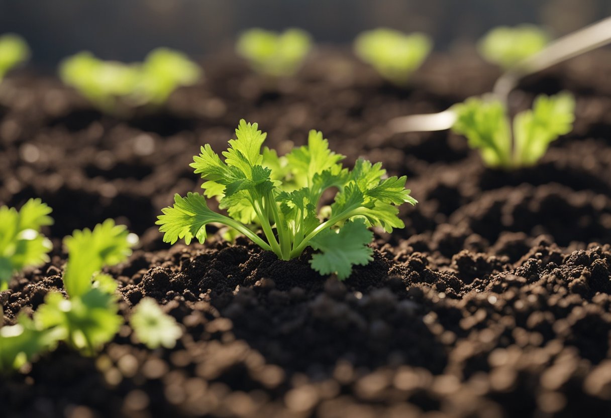 Celery seeds are being sown into the soil, gently pressed down and covered with a thin layer of soil. The area is watered and placed in a sunny spot for germination
