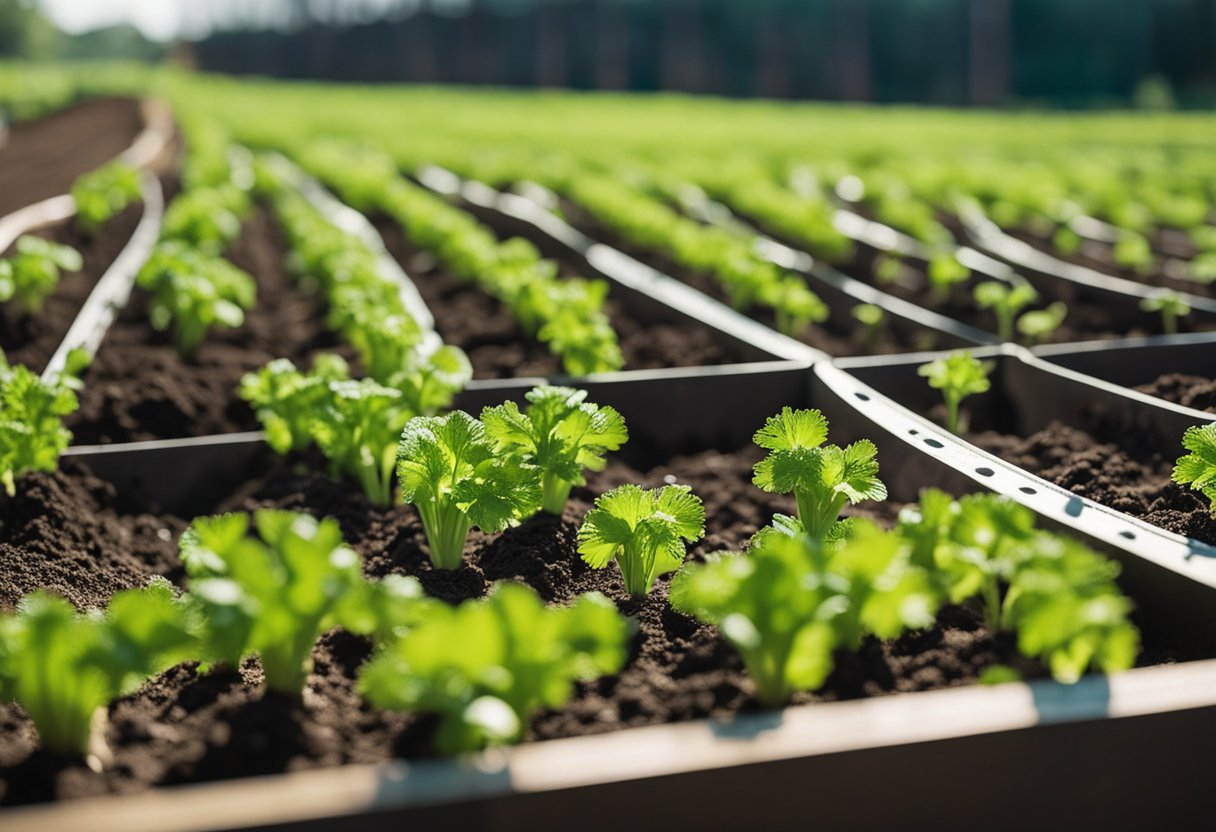 Celery seeds are planted in rows in a well-prepared garden bed. Once mature, the celery is harvested by cutting the stalks at ground level and stored in a cool, dark place