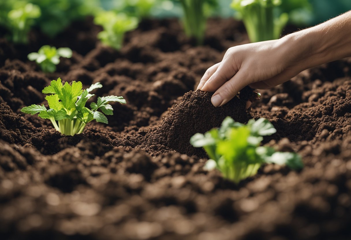 A garden bed is being prepared with loose, fertile soil. Celery seeds are being gently pressed into the earth at a depth of 1/8 inch, then covered with a light layer of soil