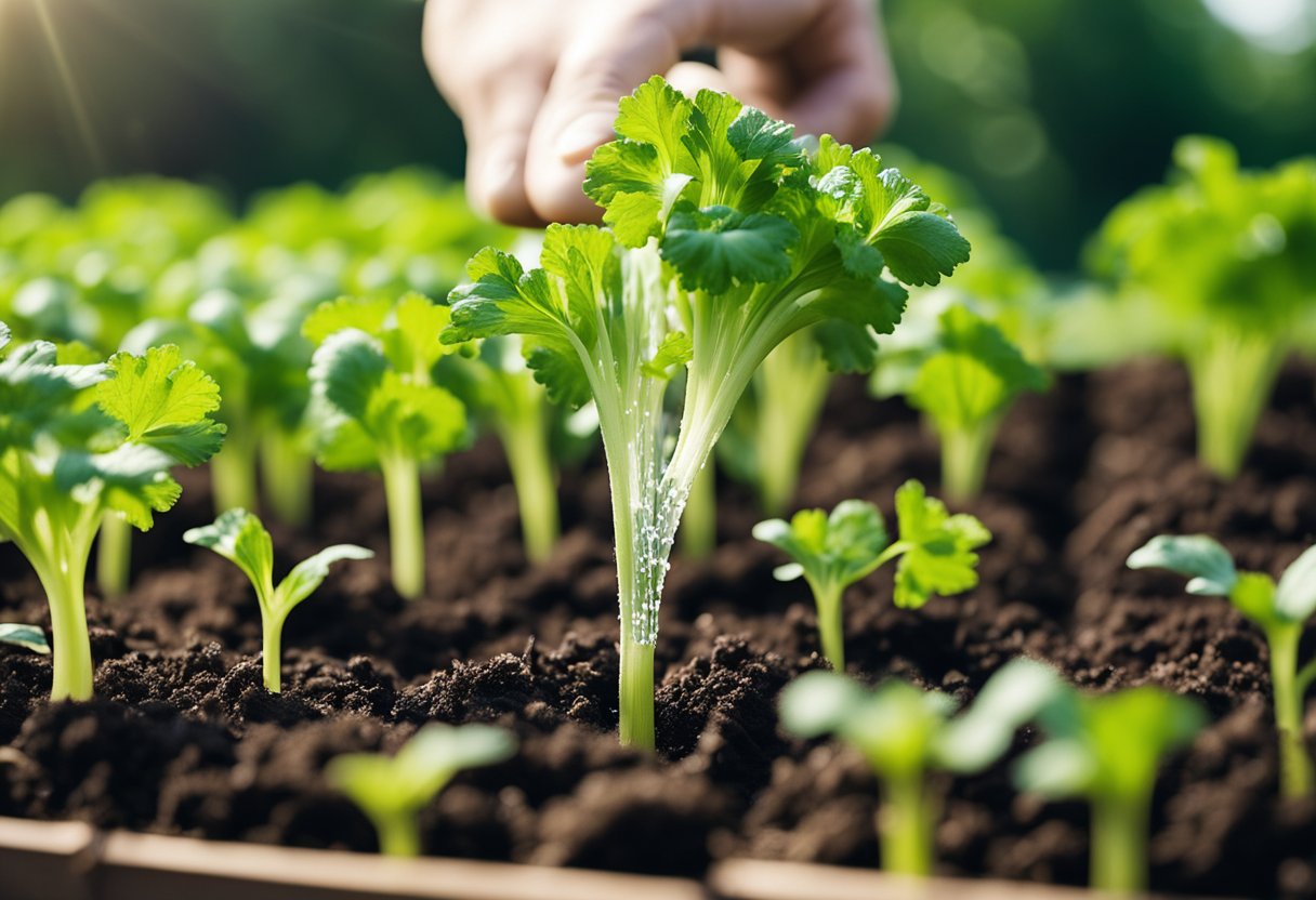 A hand holding a watering can pours water onto a row of small celery seedlings in a garden bed
