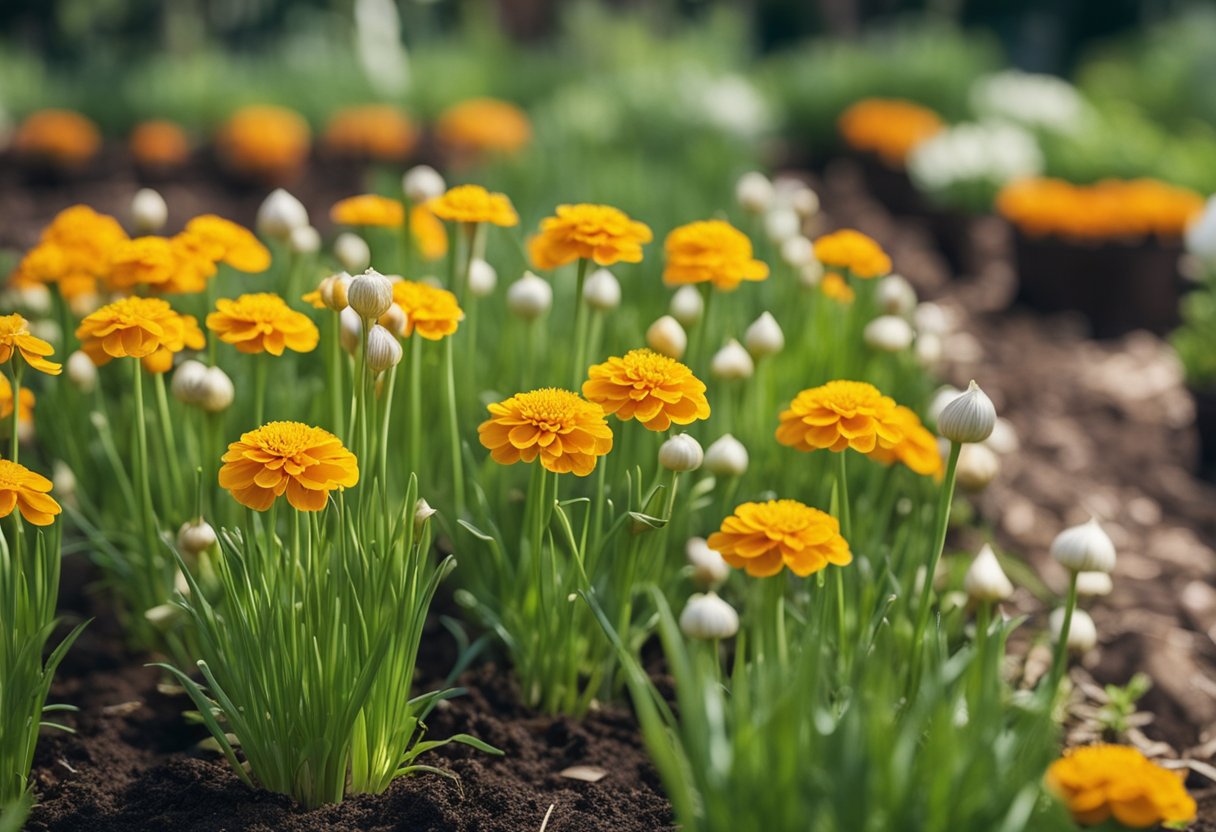 Garlic plants surrounded by pest-repelling companions like marigolds and chives in a well-maintained garden bed