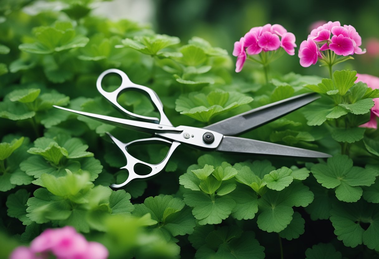 A pair of gardening shears cutting back overgrown geranium stems. The pruned branches are neatly stacked nearby