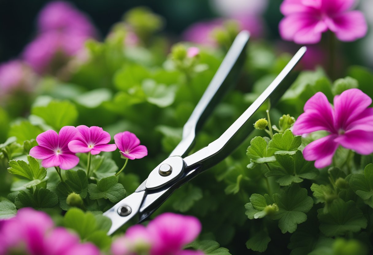 A pair of pruning shears snipping off dead geranium blooms. Green leaves and vibrant flowers surround the plant