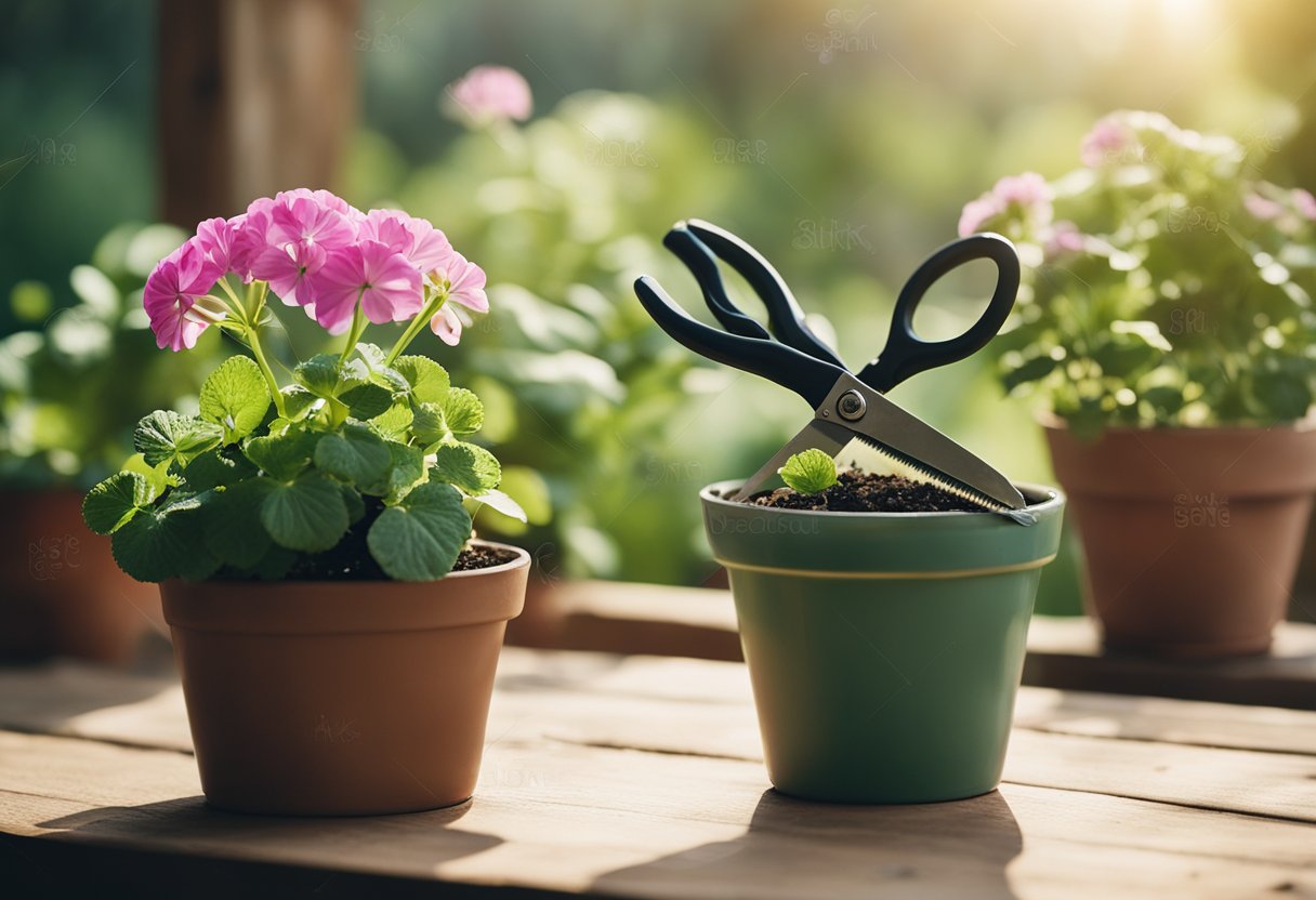 A pair of gardening shears hovers over a potted geranium plant, poised to snip away at overgrown stems and leaves. The plant sits on a wooden table bathed in natural sunlight